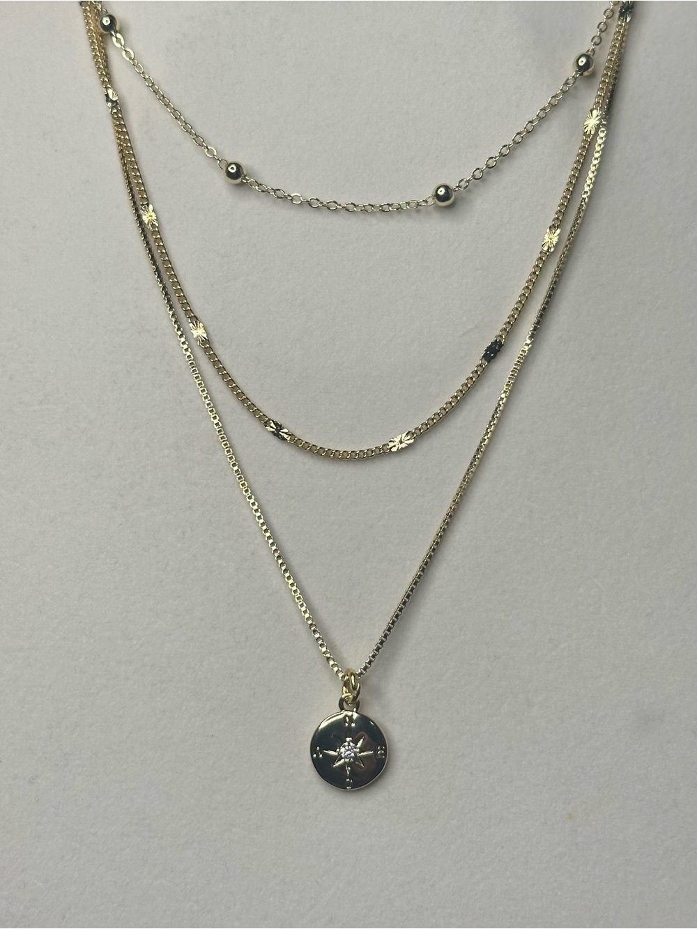 Gold Plated Layered Necklace Set Compass Pendant 3 Piece New - Picture 3 of 9